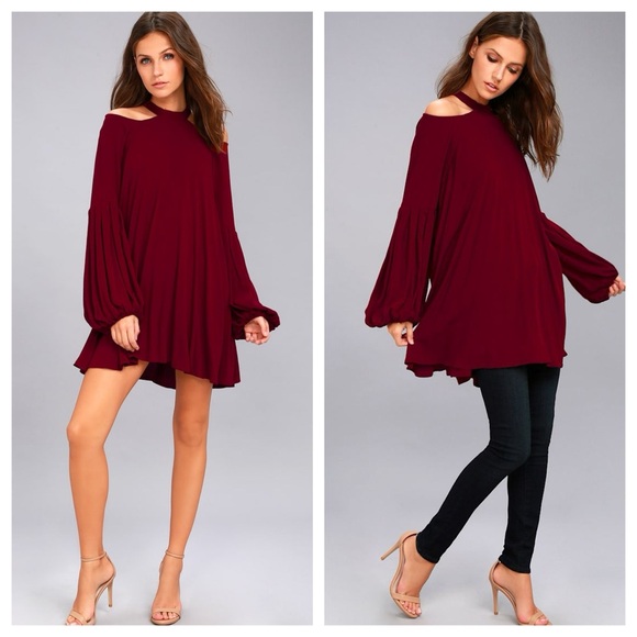 Free People Dresses & Skirts - ⭐️ Free People Drift Away Burgundy Cold Shoulder Tunic Top Dress Size SMALL